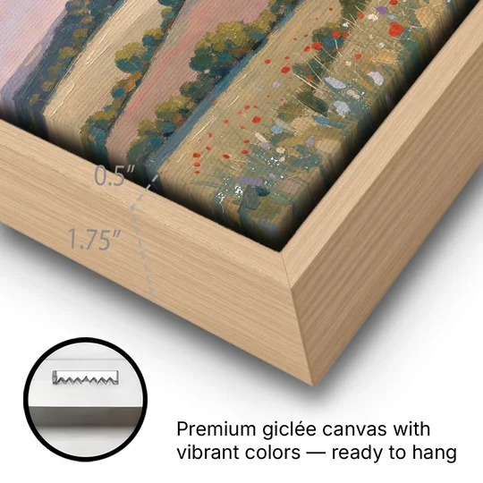 Countryside Landscape Painting at Lavender Dusk - Oak Framed Canvas Wall Art - Gallery Wrap Corner