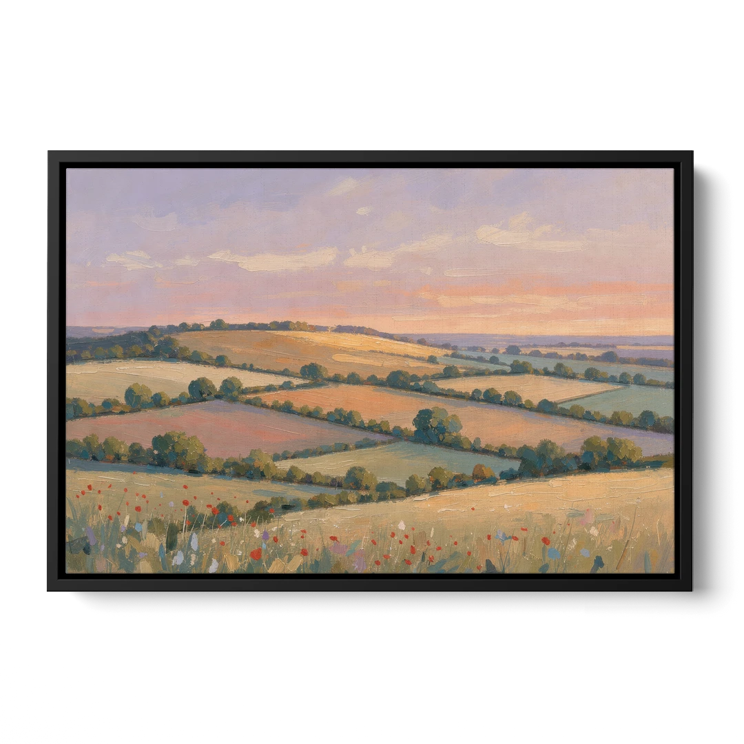 Countryside Landscape Painting at Lavender Dusk - Black Framed Canvas Wall Art - Front