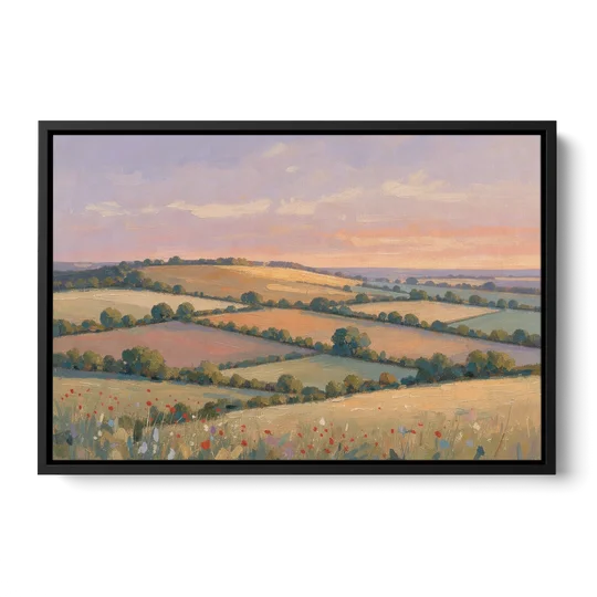 Countryside Landscape Painting at Lavender Dusk - Black Framed Canvas Wall Art - Front