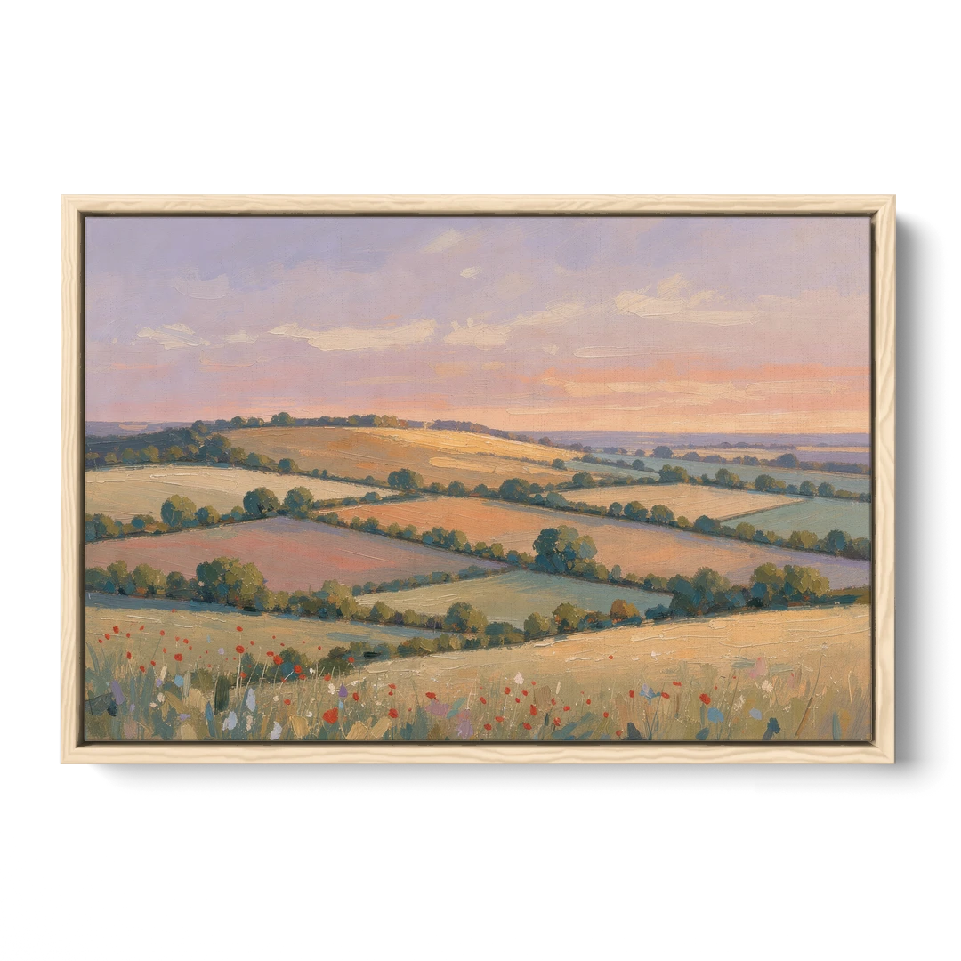 Countryside Landscape Painting at Lavender Dusk - Oak Framed Canvas Wall Art - Front