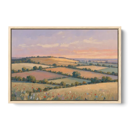 Countryside Landscape Painting at Lavender Dusk - Oak Framed Canvas Wall Art - Front
