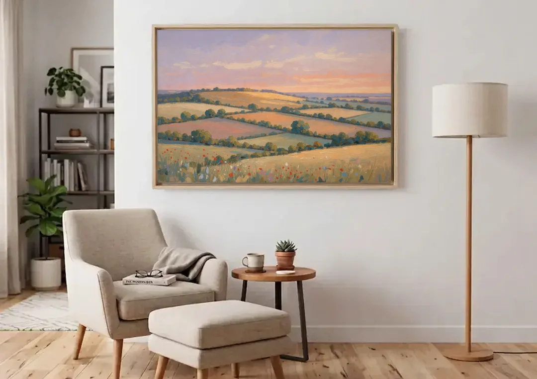 Countryside Landscape Painting at Lavender Dusk canvas wall art above an armchair in a bright living room