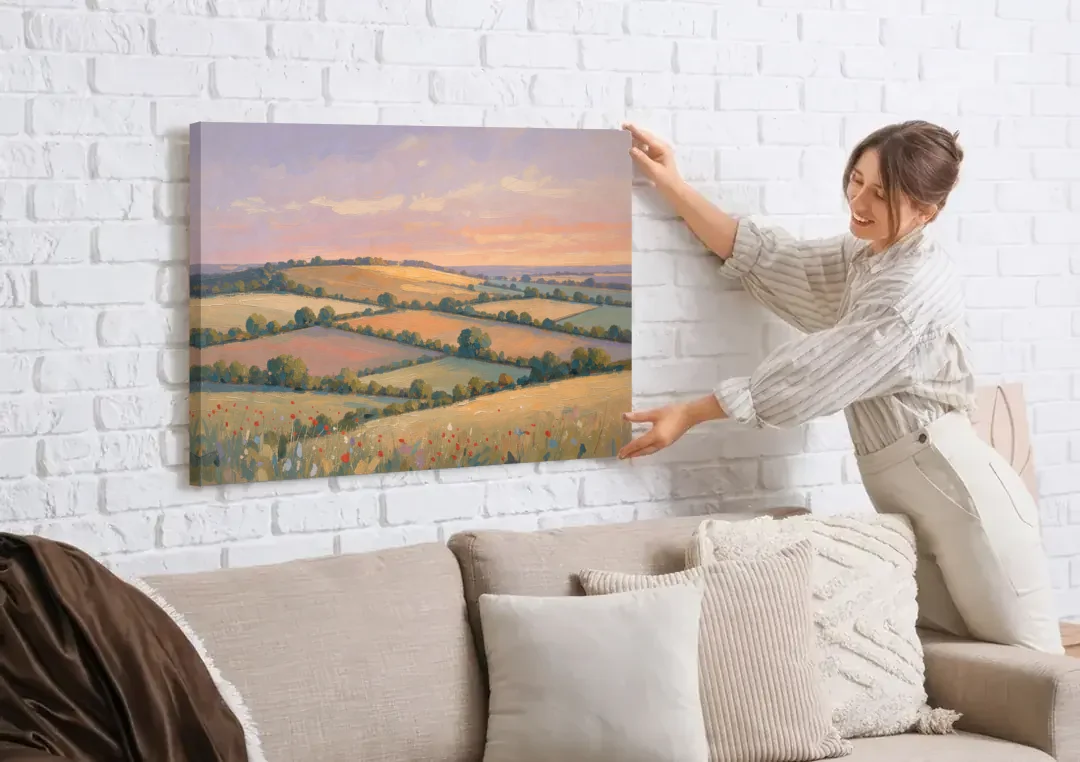 Countryside Landscape Painting at Lavender Dusk canvas wall art being hung on a white brick wall above a sofa