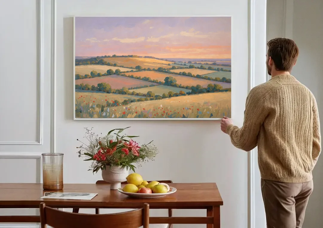 Countryside Landscape Painting at Lavender Dusk canvas wall art above a dining table
