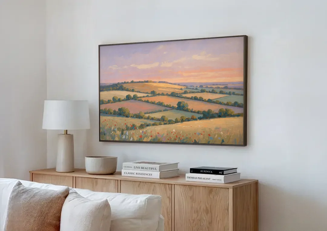 Countryside Landscape Painting at Lavender Dusk canvas wall art above a wooden sideboard next to a sofa