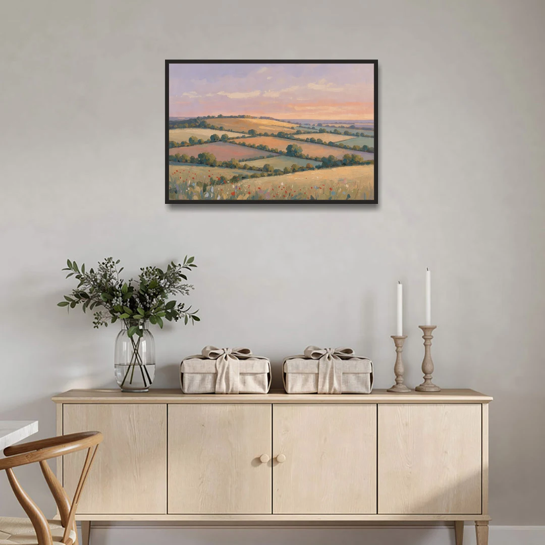 Countryside Landscape Painting at Lavender Dusk - Black Framed Canvas Wall Art - Coffee Table - 36x24