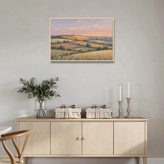 Countryside Landscape Painting at Lavender Dusk - Oak Framed Canvas Wall Art - Coffee Table - 36x24