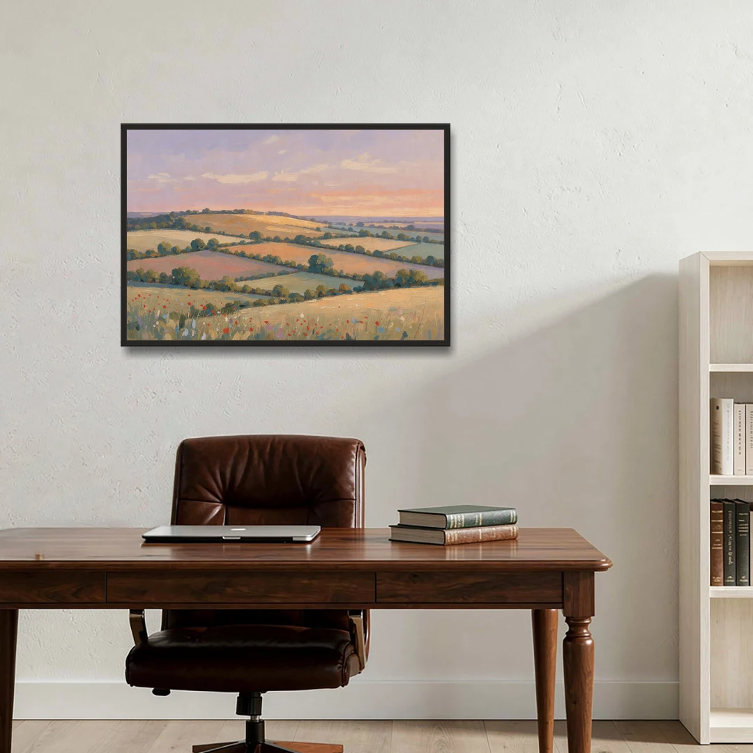 Countryside Landscape Painting at Lavender Dusk - Black Framed Canvas Wall Art - Office - 36x24