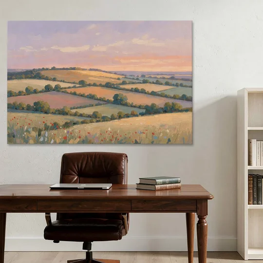 Countryside Landscape Painting at Lavender Dusk - Canvas Wall Art - Office - 60x40