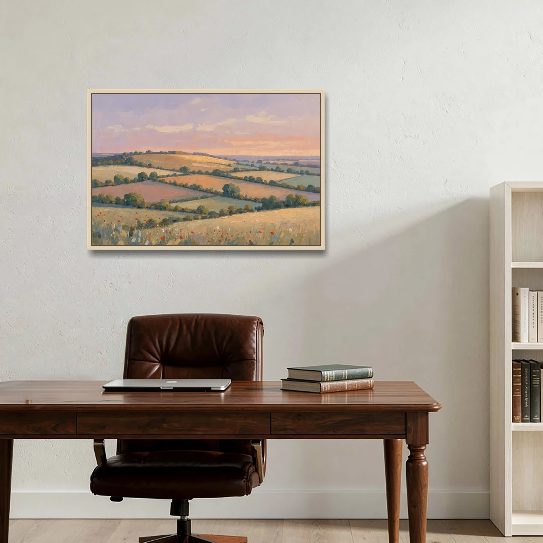 Countryside Landscape Painting at Lavender Dusk - Oak Framed Canvas Wall Art - Office - 36x24