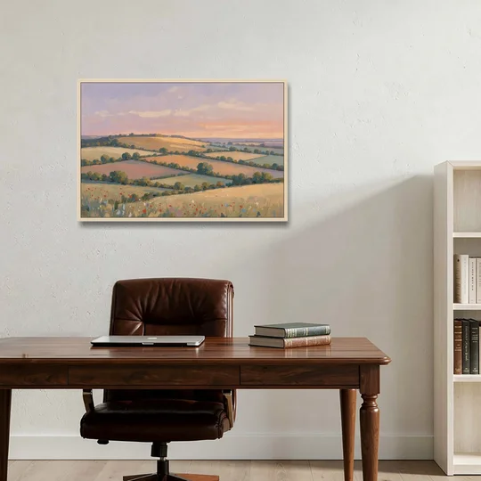 Countryside Landscape Painting at Lavender Dusk - Oak Framed Canvas Wall Art - Office - 36x24