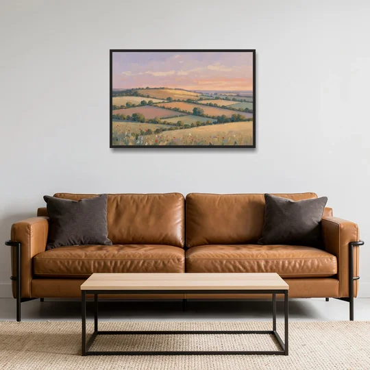 Countryside Landscape Painting at Lavender Dusk - Black Framed Canvas Wall Art - Sofa - 36x24