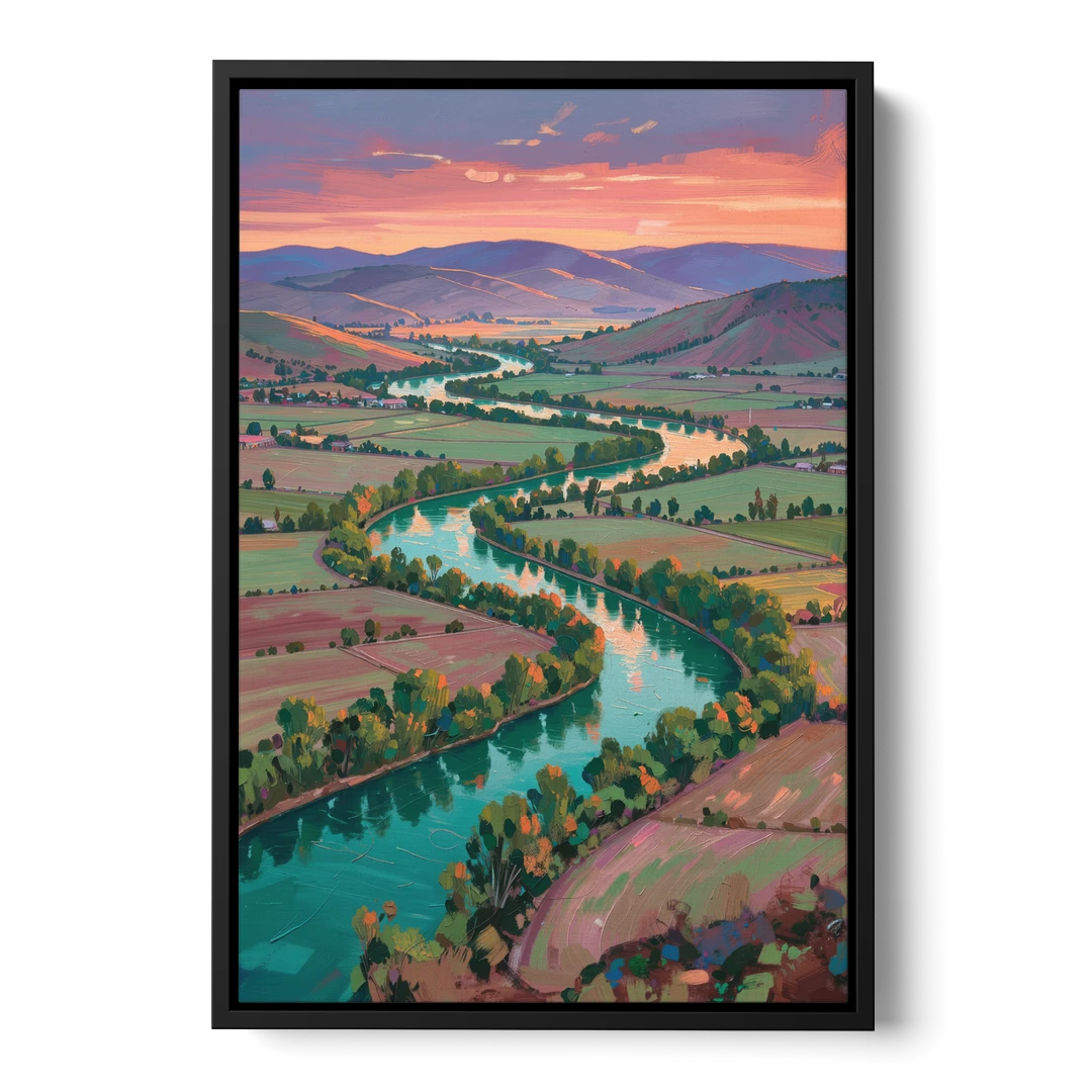 Countryside Oil Painting of a River Valley at Sunset - Black Framed Canvas Wall Art - Front
