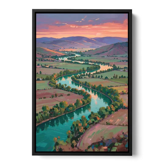 Countryside Oil Painting of a River Valley at Sunset - Black Framed Canvas Wall Art - Front