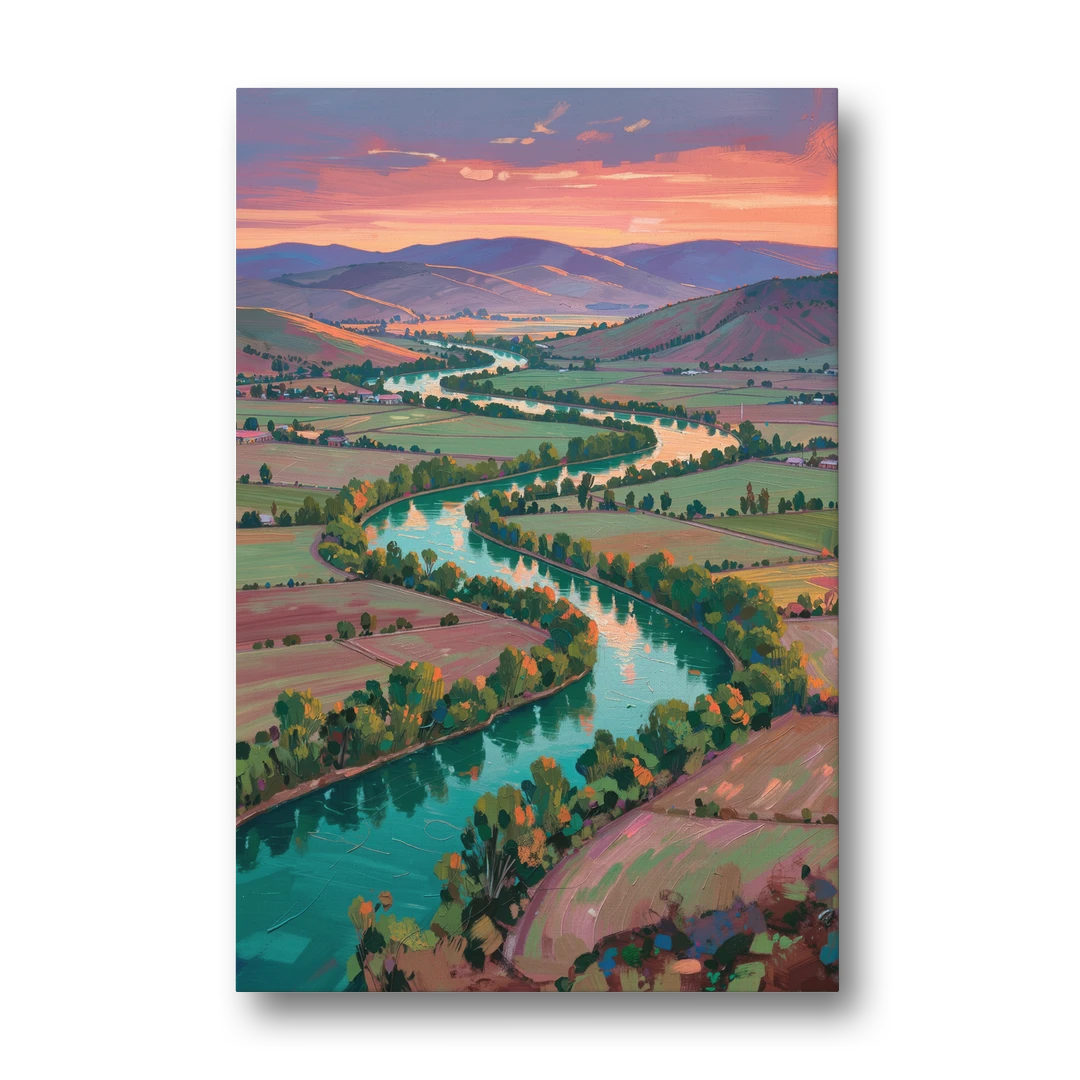 Countryside Oil Painting of a River Valley at Sunset - Canvas Wall Art - Front