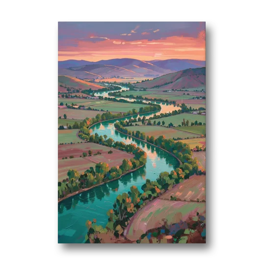 Countryside Oil Painting of a River Valley at Sunset - Canvas Wall Art - Front