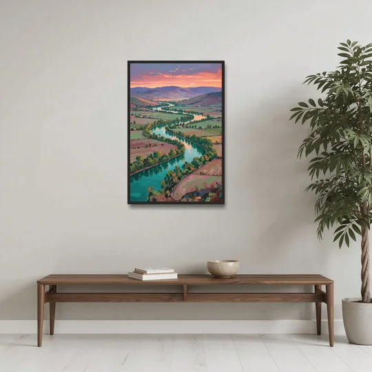 Countryside Oil Painting of a River Valley at Sunset - Black Framed Canvas Wall Art - Coffee Table - 24x36