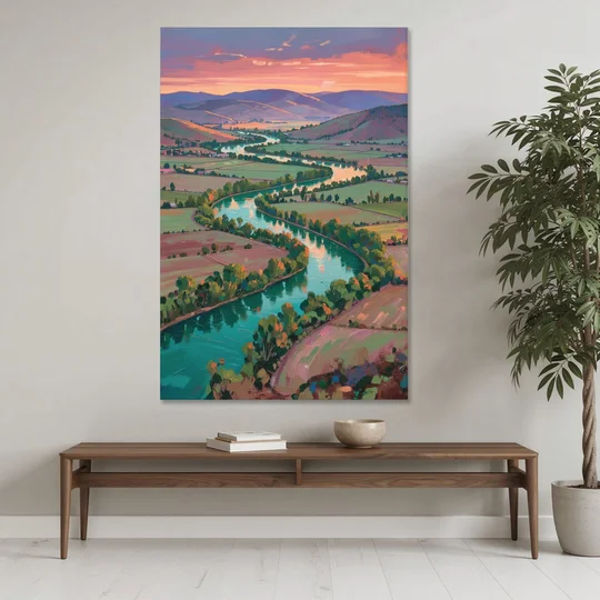 Countryside Oil Painting of a River Valley at Sunset - Canvas Wall Art - Coffee Table - 40x60