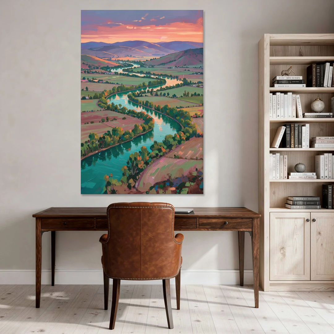 Countryside Oil Painting of a River Valley at Sunset - Canvas Wall Art - Office - 40x60