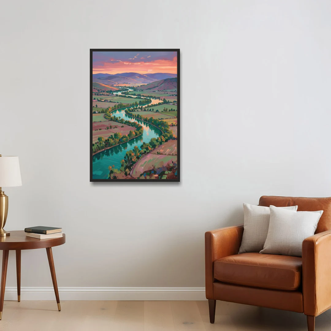 Countryside Oil Painting of a River Valley at Sunset - Black Framed Canvas Wall Art - Sofa - 24x36