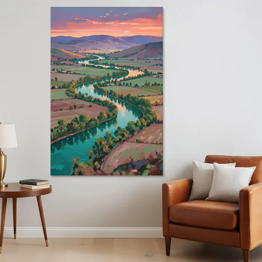 Countryside Oil Painting of a River Valley at Sunset - Canvas Wall Art - Sofa - 40x60