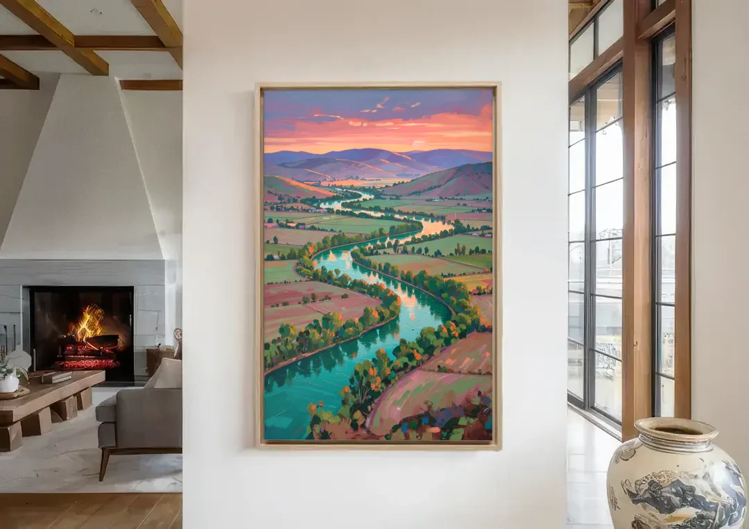 Countryside Oil Painting of a River Valley at Sunset canvas wall art in a living room with a fireplace