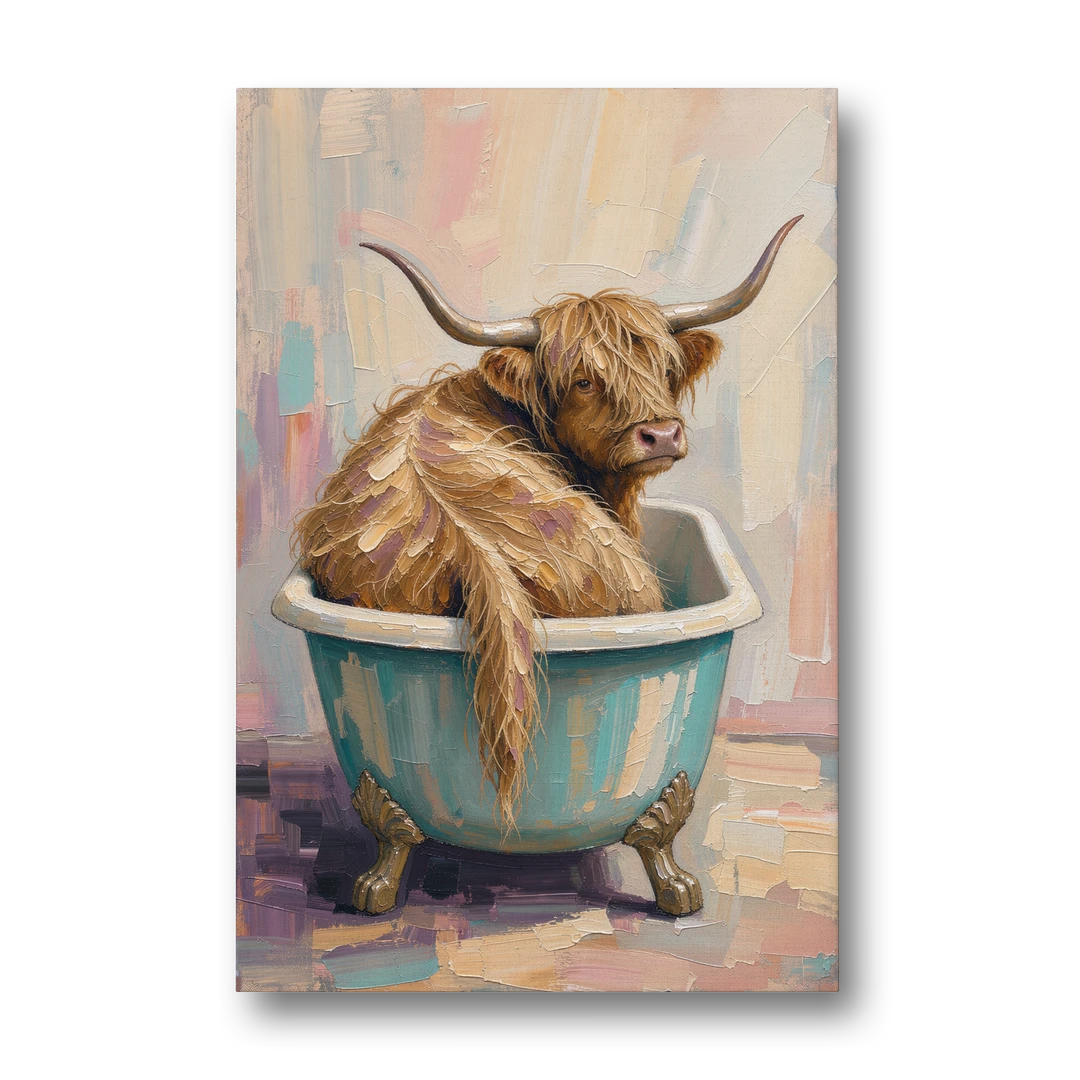 Cow in Bathtub Wall Art with a Backward Glance - Canvas Wall Art - Front