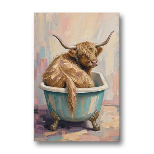Cow in Bathtub Wall Art with a Backward Glance - Canvas Wall Art - Front