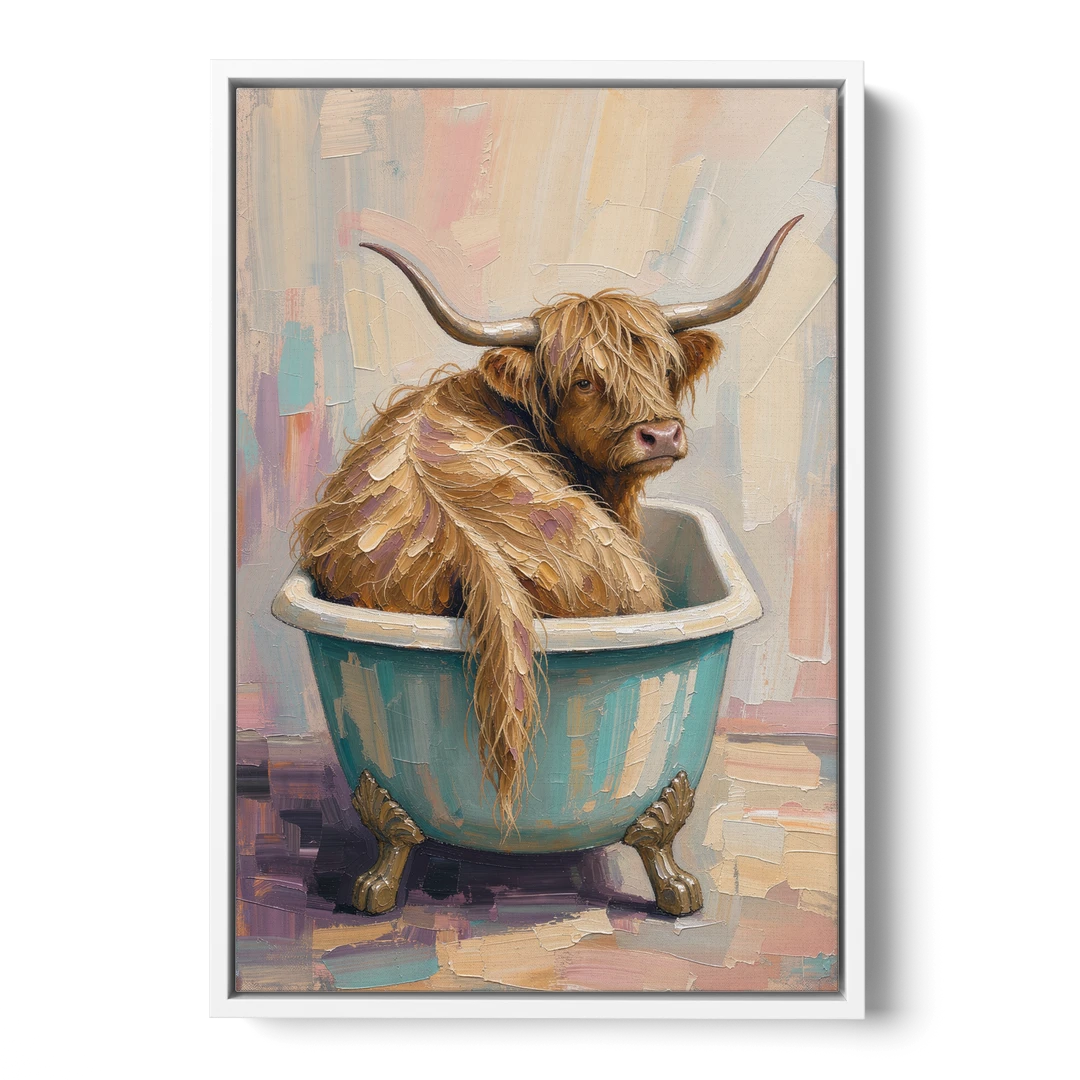 Cow in Bathtub Wall Art with a Backward Glance - White Framed Canvas Wall Art - Front