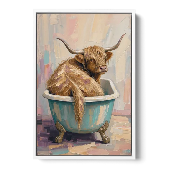 Cow in Bathtub Wall Art with a Backward Glance - White Framed Canvas Wall Art - Front