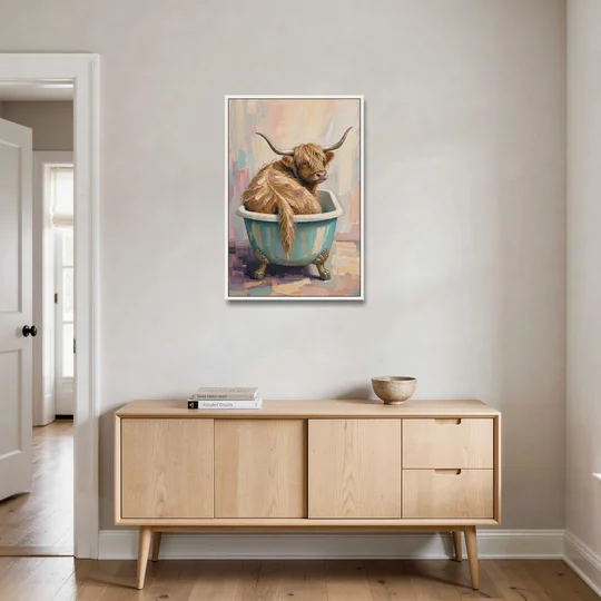 Cow in Bathtub Wall Art with a Backward Glance - White Framed Canvas Wall Art - Coffee Table - 24x36