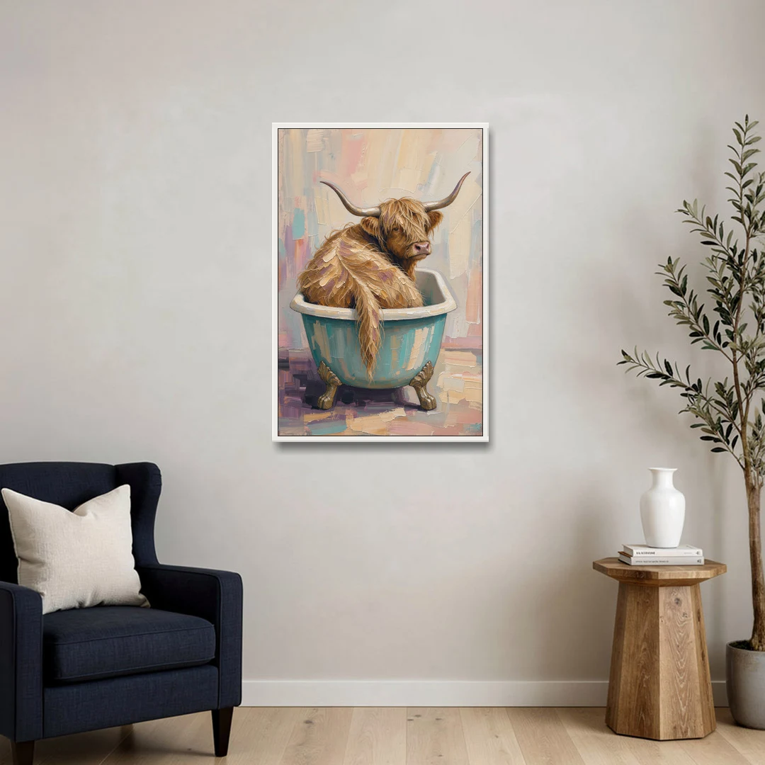 Cow in Bathtub Wall Art with a Backward Glance - White Framed Canvas Wall Art - Sofa - 24x36