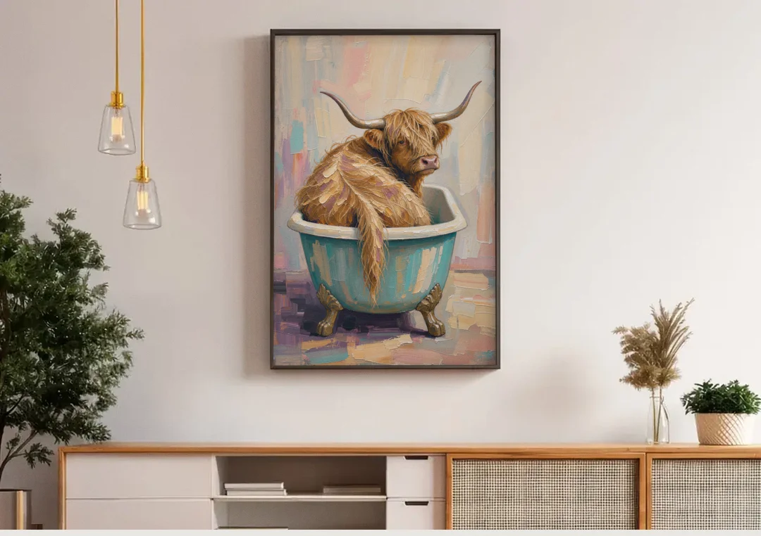 Cow in Bathtub Wall Art with a Backward Glance canvas wall art above a wooden sideboard under pendant lights