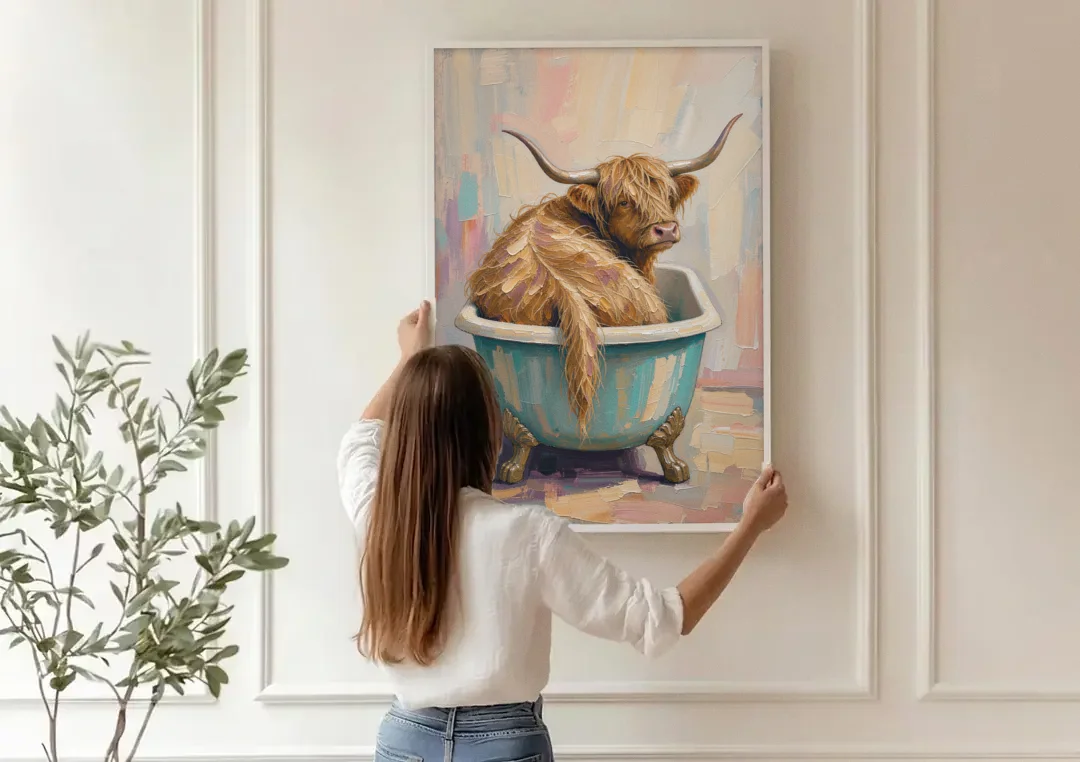Cow in Bathtub Wall Art with a Backward Glance canvas wall art being hung on a paneled wall