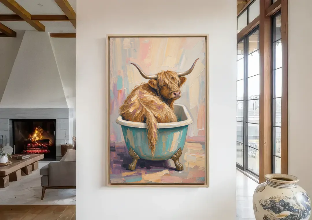 Cow in Bathtub Wall Art with a Backward Glance canvas wall art in a living room with a fireplace
