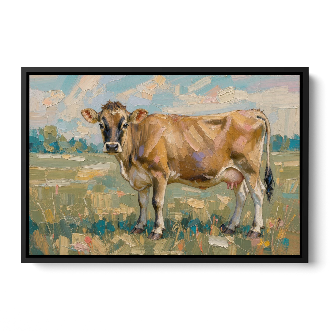 Cow Painting of a Jersey in Summer Pasture - Black Framed Canvas Wall Art - Front