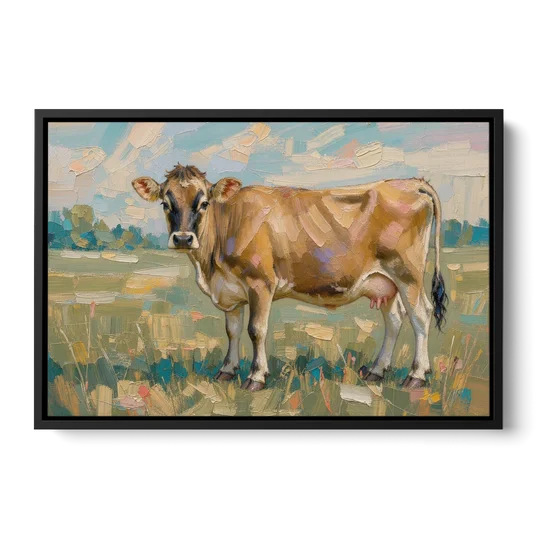 Cow Painting of a Jersey in Summer Pasture - Black Framed Canvas Wall Art - Front