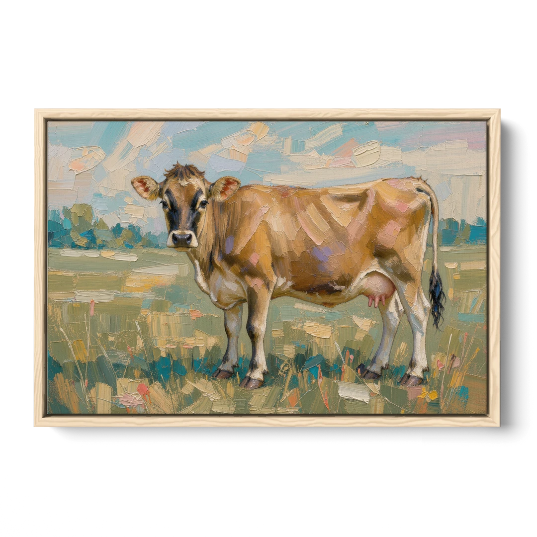 Cow Painting of a Jersey in Summer Pasture - Oak Framed Canvas Wall Art - Front