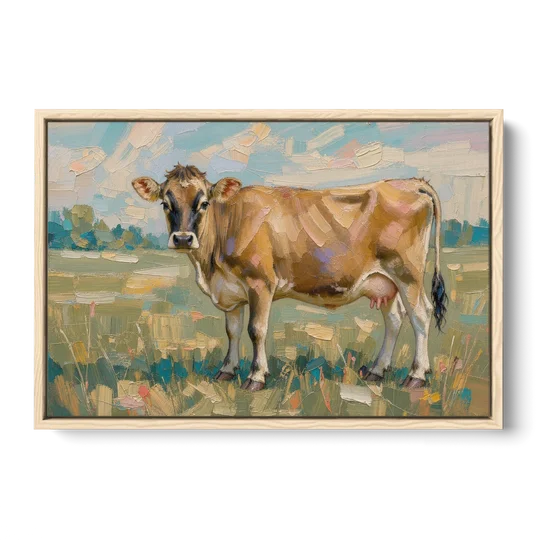 Cow Painting of a Jersey in Summer Pasture - Oak Framed Canvas Wall Art - Front