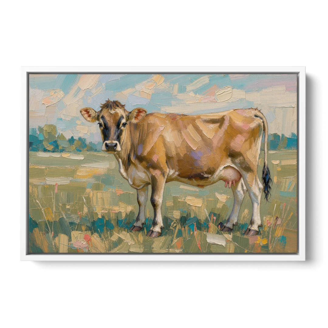 Cow Painting of a Jersey in Summer Pasture - White Framed Canvas Wall Art - Front