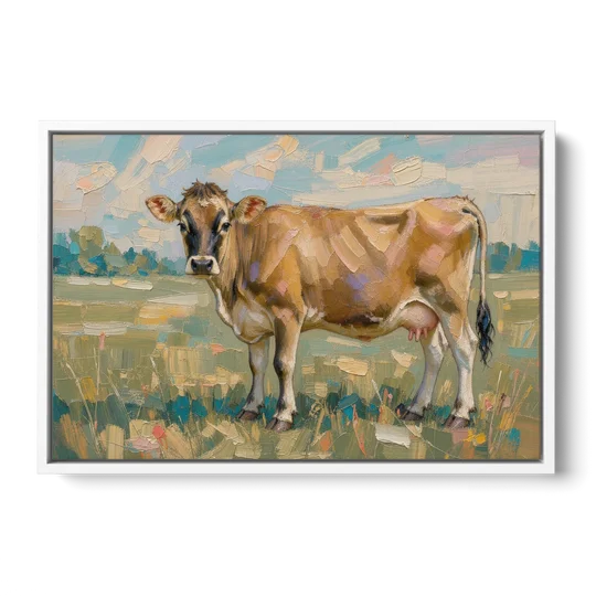 Cow Painting of a Jersey in Summer Pasture - White Framed Canvas Wall Art - Front