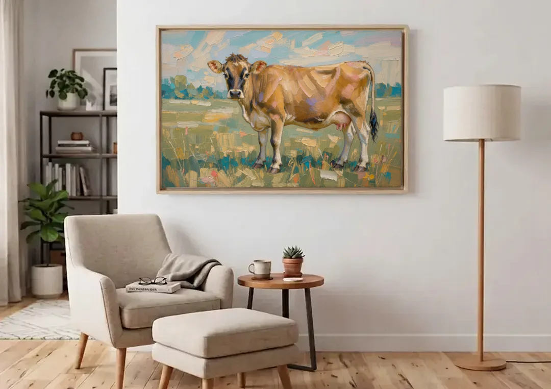 Cow Painting of a Jersey in Summer Pasture canvas wall art above an armchair in a bright living room