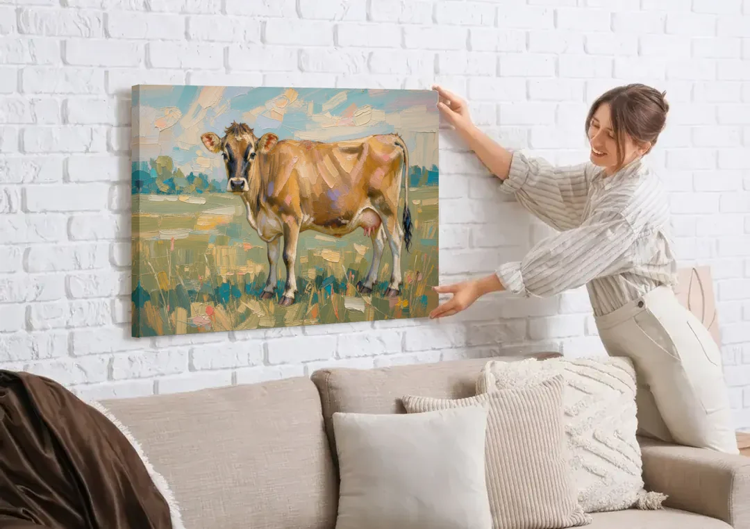 Cow Painting of a Jersey in Summer Pasture canvas wall art being hung on a white brick wall above a sofa