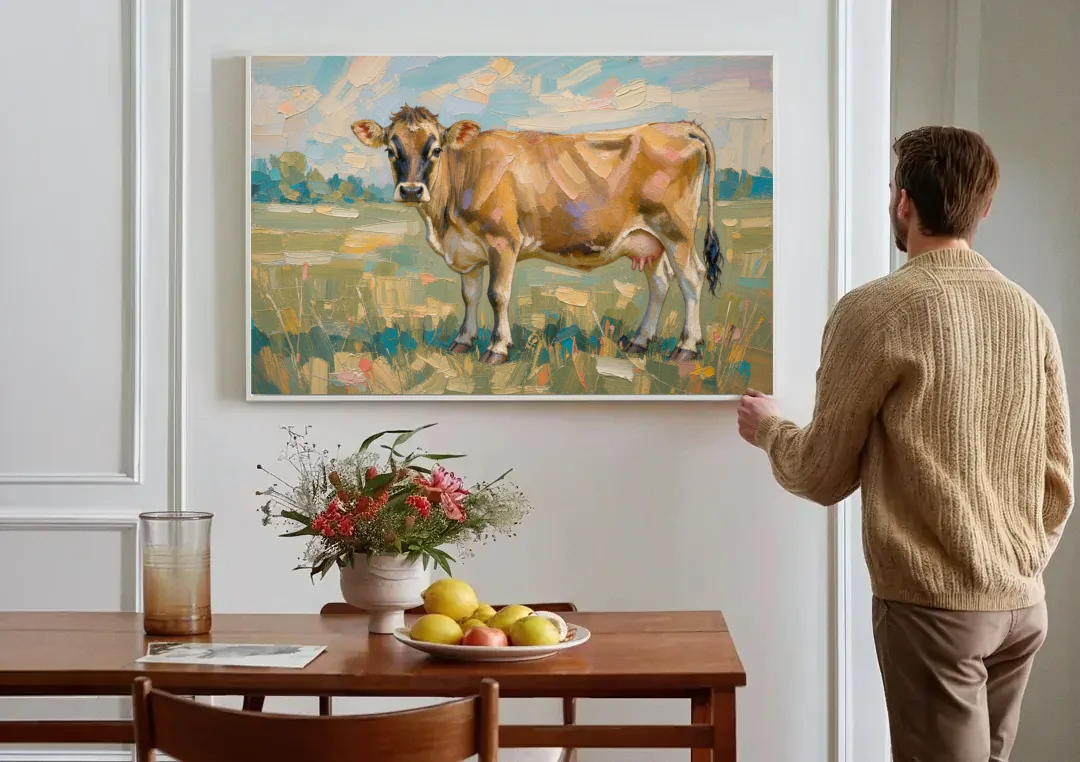 Cow Painting of a Jersey in Summer Pasture canvas wall art above a dining table