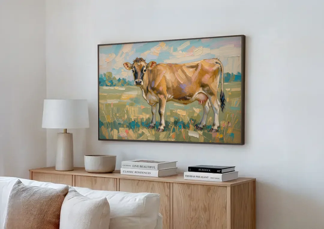 Cow Painting of a Jersey in Summer Pasture canvas wall art above a wooden sideboard next to a sofa