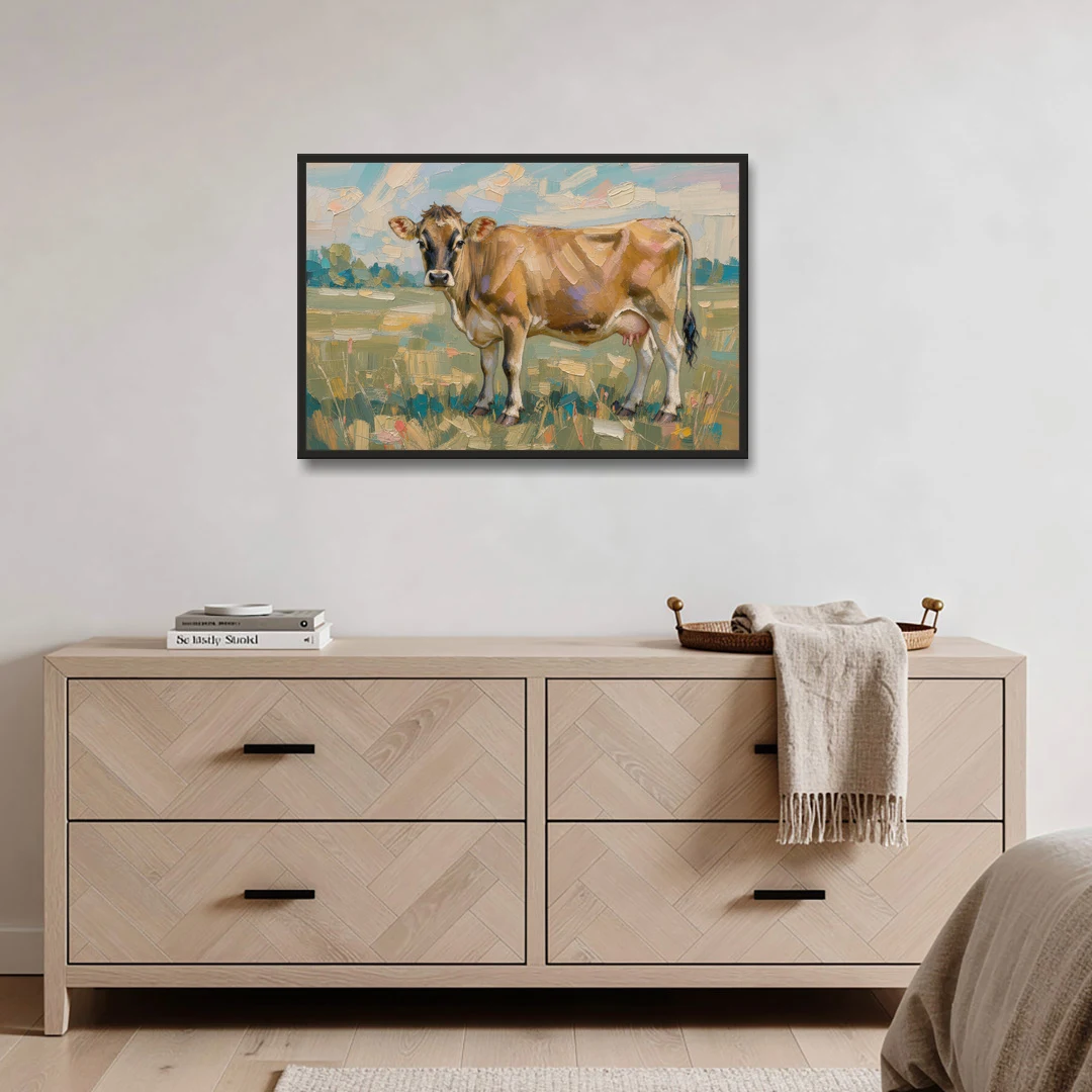 Cow Painting of a Jersey in Summer Pasture - Black Framed Canvas Wall Art - Coffee Table - 36x24