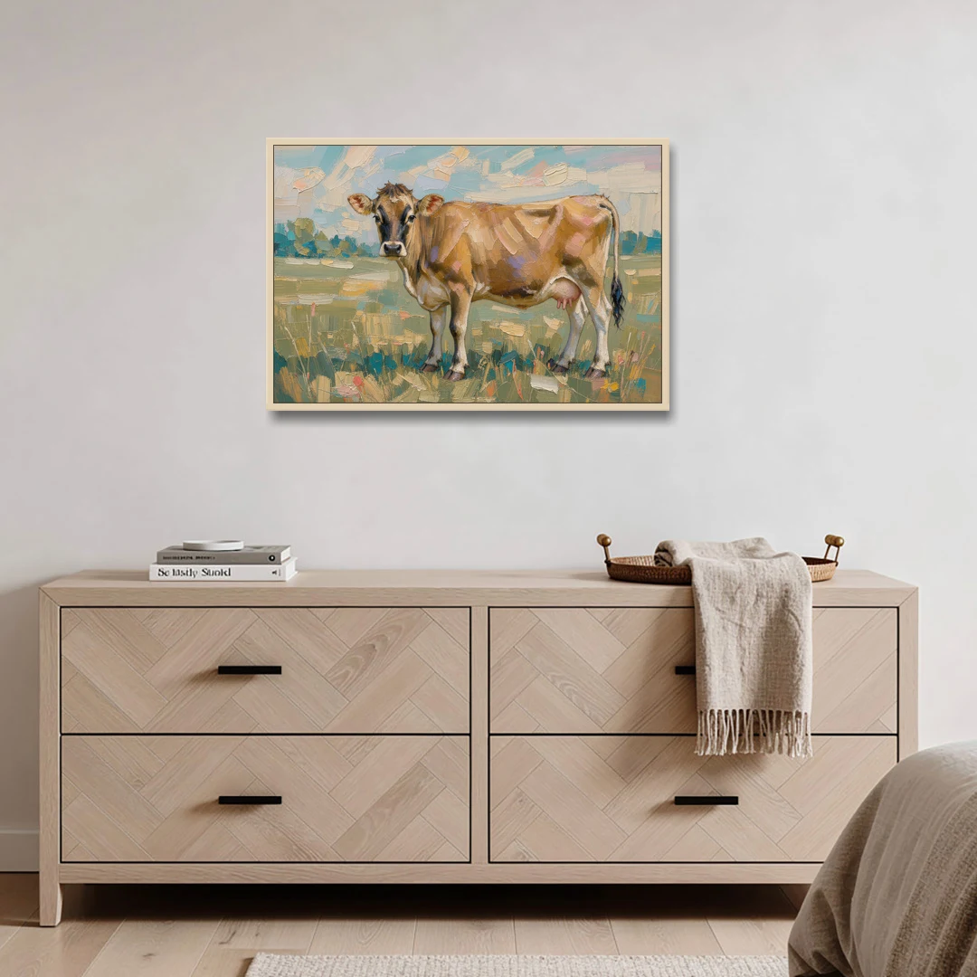 Cow Painting of a Jersey in Summer Pasture - Oak Framed Canvas Wall Art - Coffee Table - 36x24
