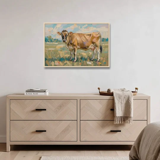 Cow Painting of a Jersey in Summer Pasture - Oak Framed Canvas Wall Art - Coffee Table - 36x24