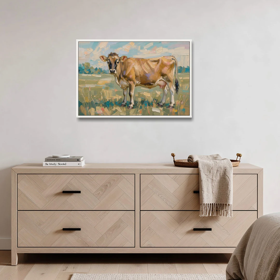 Cow Painting of a Jersey in Summer Pasture - White Framed Canvas Wall Art - Coffee Table - 36x24