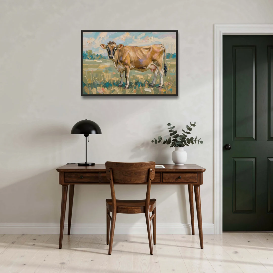 Cow Painting of a Jersey in Summer Pasture - Black Framed Canvas Wall Art - Office - 36x24